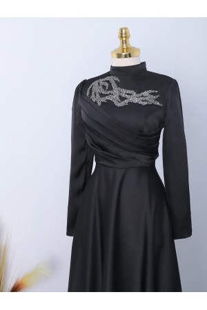 Stone Collar Draped Evening Dress -Black