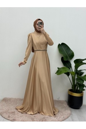 Önü Drapeli Beli Boncuk Detaylı Saten Abiye -Açık Vizon