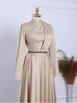 Front Draped Waist Bead Detailed Satin Evening Dress -Gold