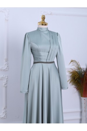 Front Draped Waist Bead Detailed Satin Evening Dress -Sea green