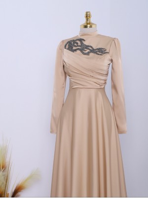 Stone Collar Draped Evening Dress -Mink color