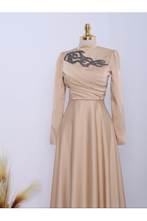 Yakası Taşlı Önü Drapeli  Abiye -Vizon