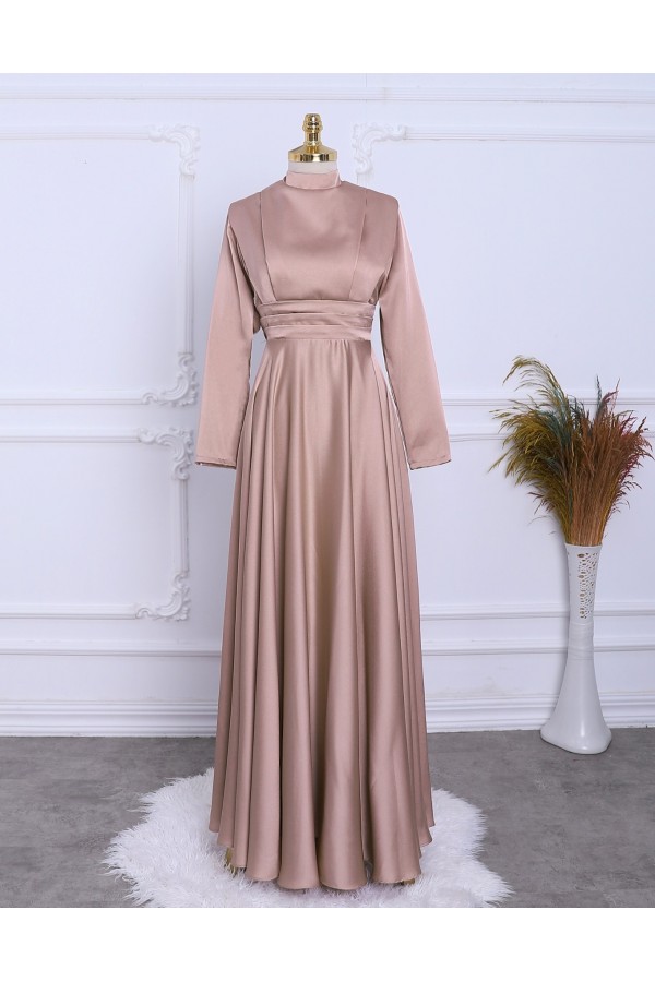 Waist Pleat Detailed Front Double Layer Satin Evening Dress  -Light Mink