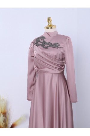 Yakası Taşlı Önü Drapeli  Abiye -Pembe