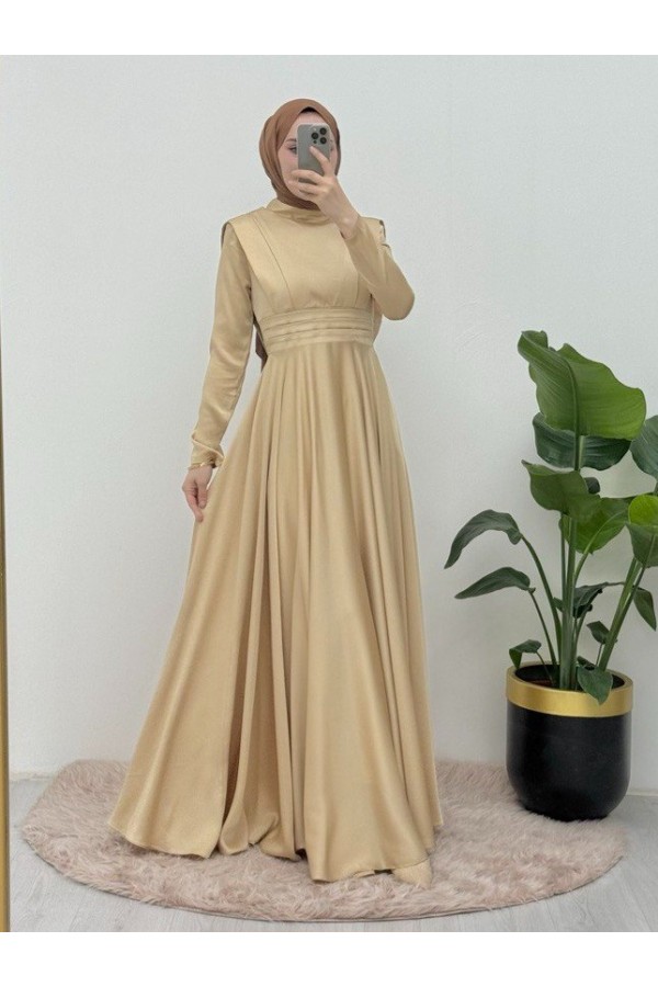 Waist Pleat Detailed Front Double Layer Satin Evening Dress  -Yellow