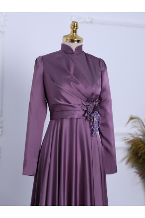 Rose Detail Draped Satin Evening Dress -Dried rose