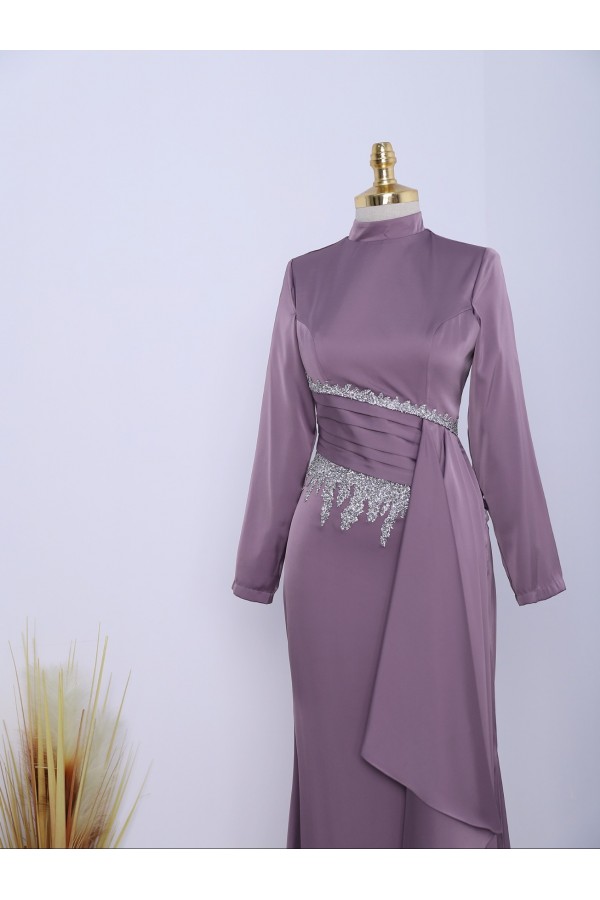 Adhesive Stone Detailed High Neck Satin Evening Dress -Lilac