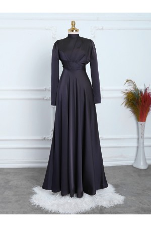 Önü Pliseli Saten Abiye  -Siyah