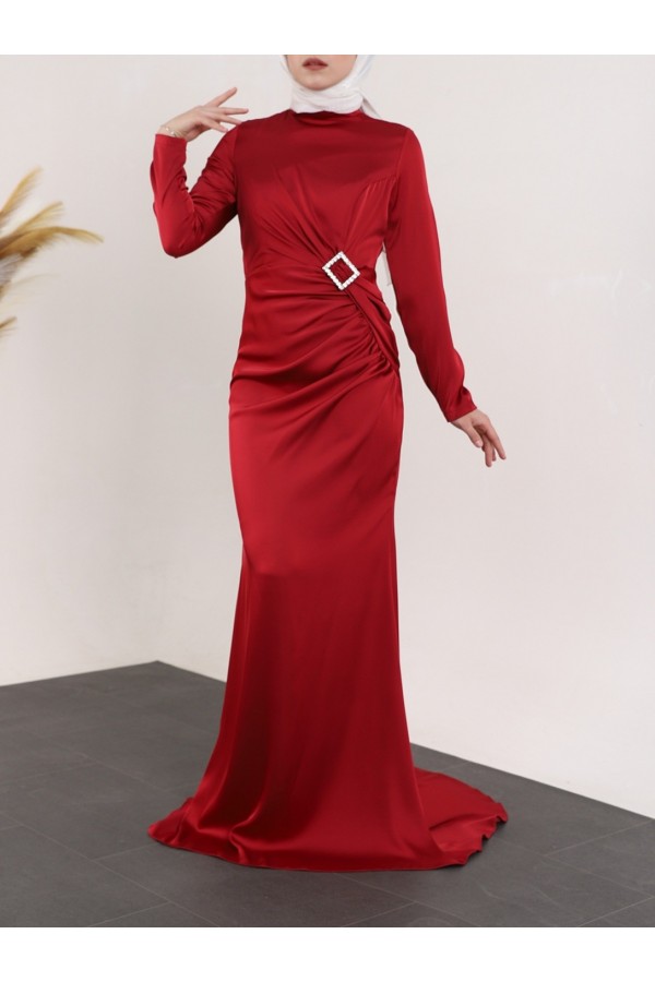 Side Pleated Stone Taka Detailed Satin Evening Dress -Maroon
