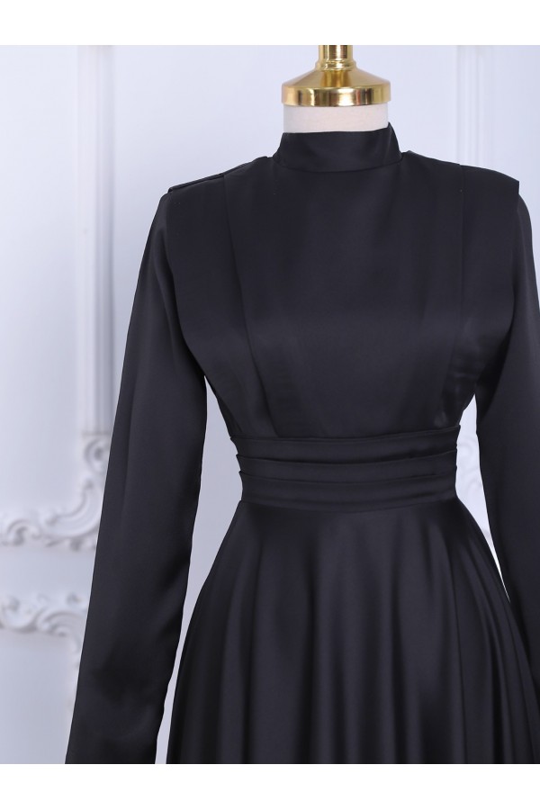 Waist Pleat Detailed Front Double Layer Satin Evening Dress -Black