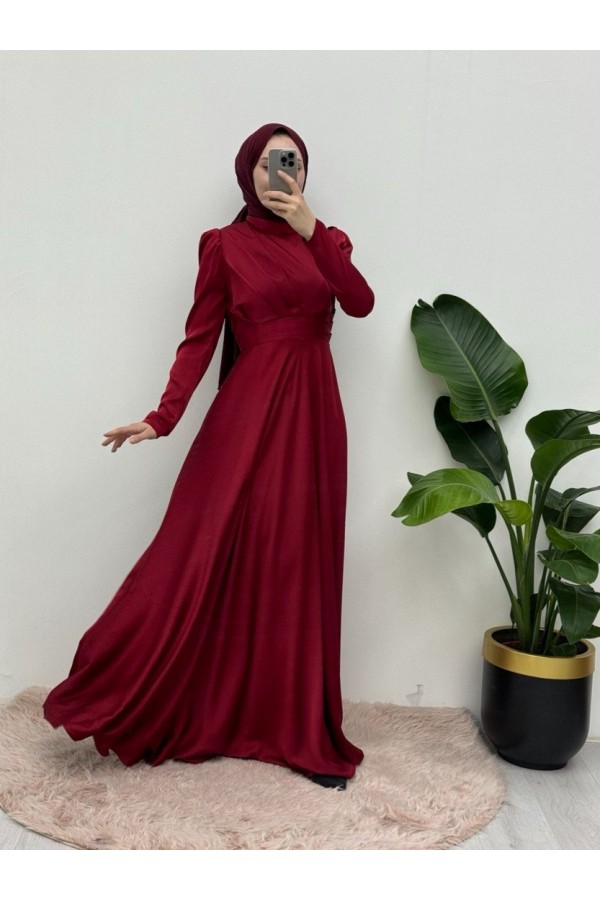 Front Pleated Satin Evening Dress -Maroon