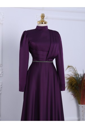 Front Draped Waist Bead Detailed Satin Evening Dress - Purple