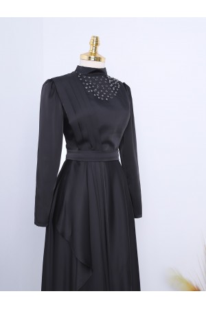 High Collar Sprinkled Stone Satin Evening Dress -Black