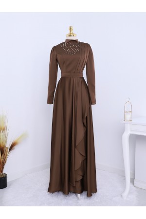 High Collar Sprinkled Stone Satin Evening Dress -Brown