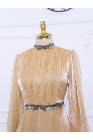 Yakası Ve Beli Boncuk Detaylı Tül Abiye -Sarı