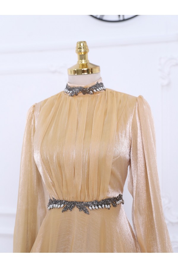 Neck And Waist Bead Detailed Tulle Evening Dress -Yellow