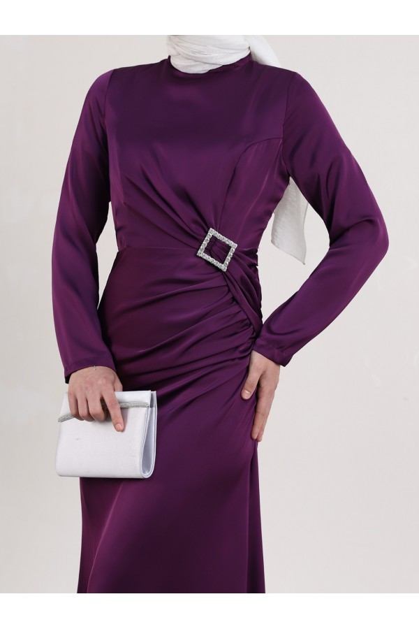 Side Pleated Stone Taka Detailed Satin Evening Dress - Purple