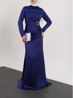 Side Pleated Stone Taka Detailed Satin Evening Dress -Navy blue
