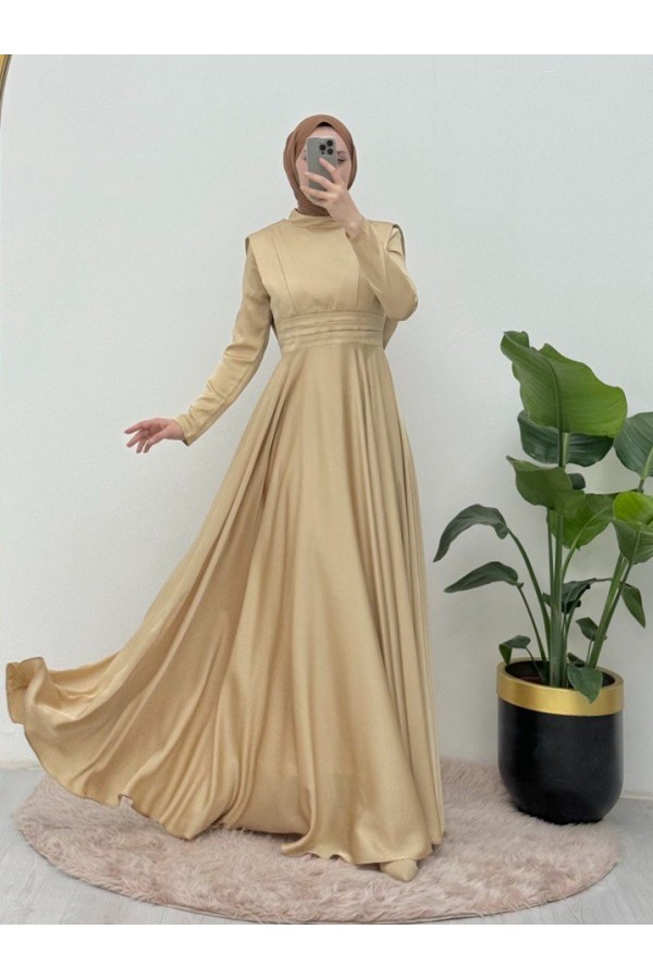 Waist Pleat Detailed Front Double Layer Satin Evening Dress  -Yellow