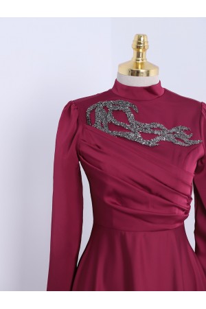 Stone Collar Draped Evening Dress -Maroon