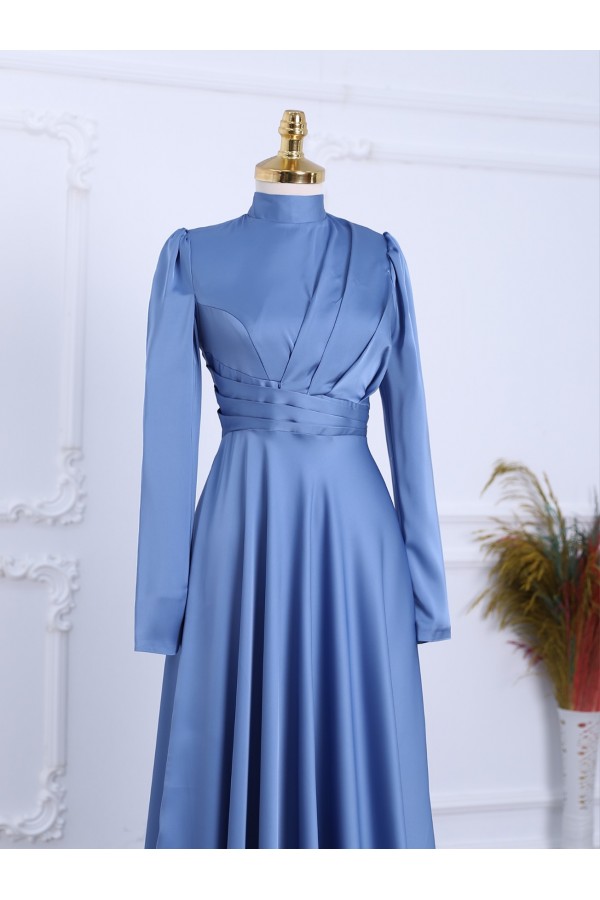 Front Pleated Satin Evening Dress -Blue