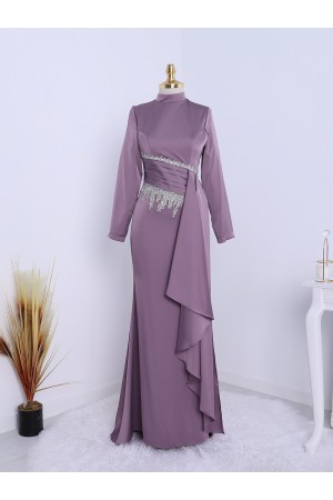 Adhesive Stone Detailed High Neck Satin Evening Dress -Lilac
