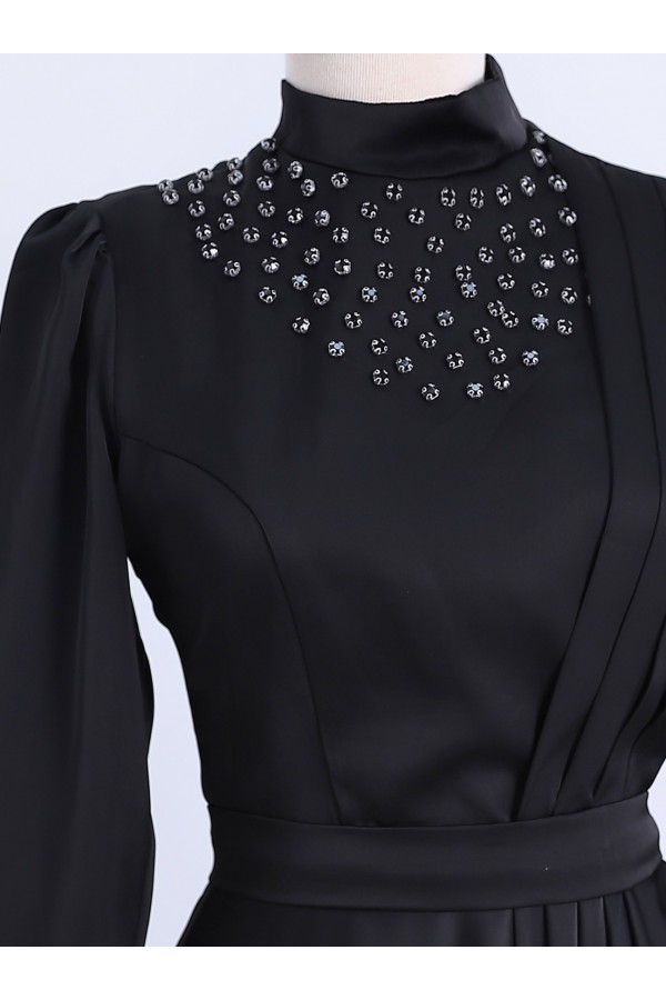 High Collar Sprinkled Stone Satin Evening Dress -Black