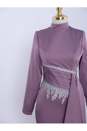 Yapıştırma Taş Detaylı Dik Yaka Saten Abiye -Lila