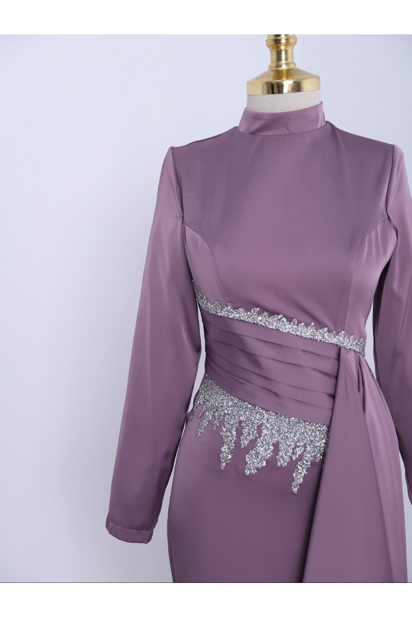 Adhesive Stone Detailed High Neck Satin Evening Dress -Lilac