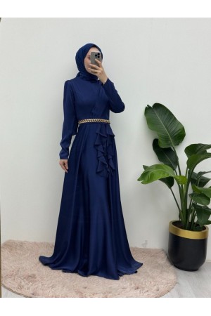 Waist Chain Detailed Front Frilly Satin Evening Dress -Navy blue