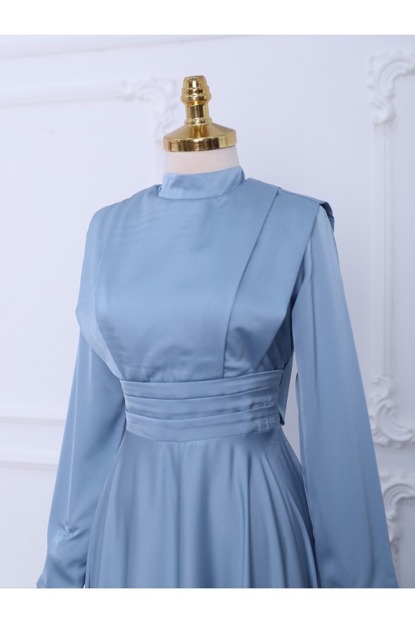Waist Pleat Detailed Front Double Layer Satin Evening Dress -Baby Blue
