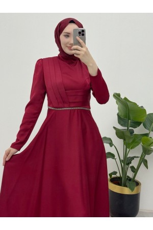 Önü Drapeli Beli Boncuk Detaylı Saten Abiye -Bordo