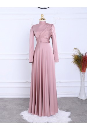 Önü Pliseli Saten Abiye  -Pudra