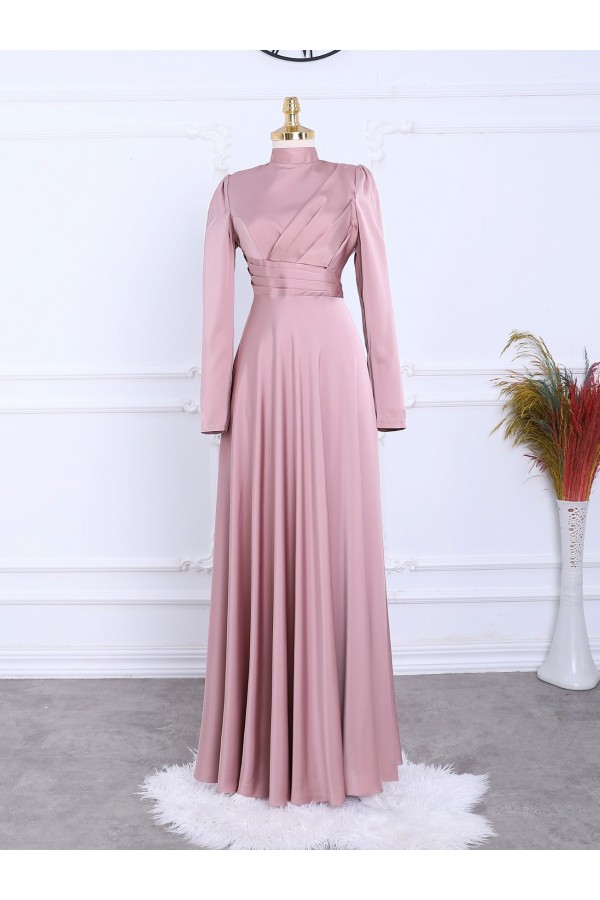 Front Pleated Satin Evening Dress -Powder