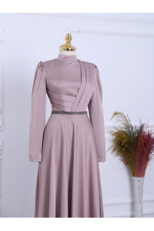 Front Draped Waist Bead Detailed Satin Evening Dress -Powder