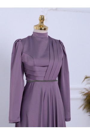 Önü Drapeli Beli Boncuk Detaylı Saten Abiye -Lila