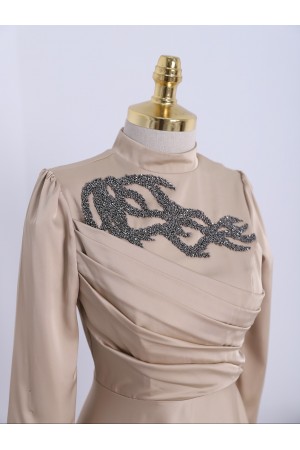 Yakası Taşlı Önü Drapeli  Abiye -Vizon