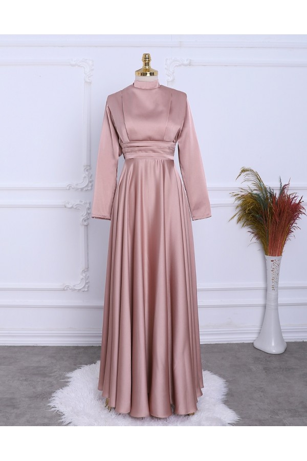 Waist Pleat Detailed Front Double Layer Satin Evening Dress -Powder