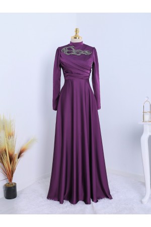 Stone Collar Draped Evening Dress - Purple