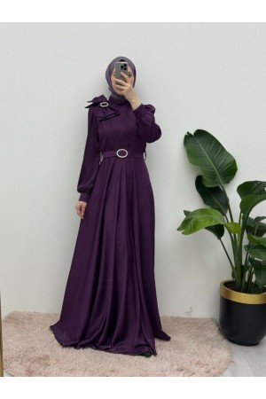 Broşlu Fiyonklu Taşlı Kemerli Saten Abiye -Mor