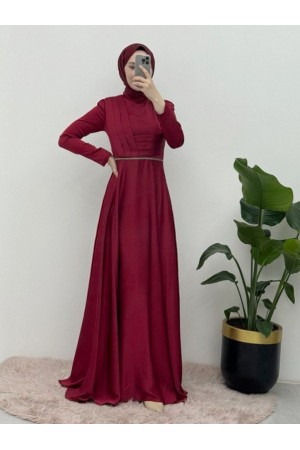 Önü Drapeli Beli Boncuk Detaylı Saten Abiye -Bordo
