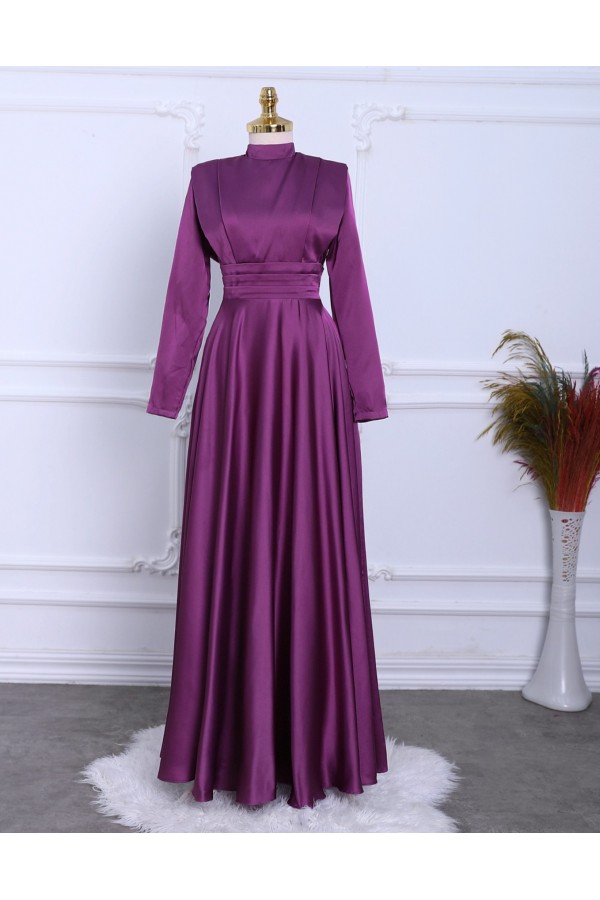 Waist Pleat Detailed Front Double Layer Satin Evening Dress  -Damson