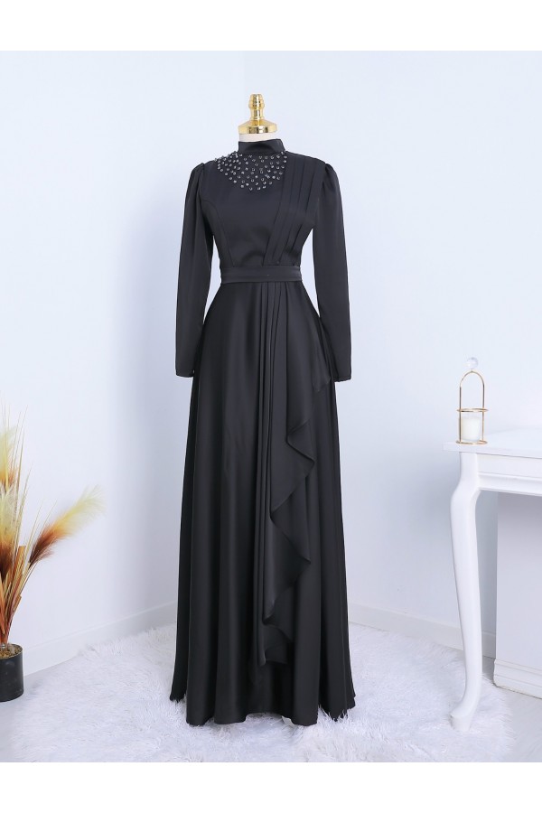 High Collar Sprinkled Stone Satin Evening Dress -Black