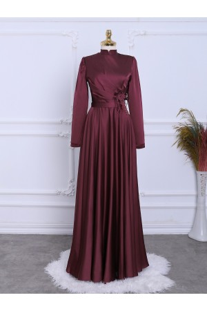 Rose Detail Draped Satin Evening Dress -Maroon