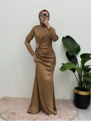 Side Pleated Stone Taka Detailed Satin Evening Dress -Mink color