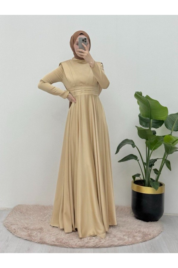 Waist Pleat Detailed Front Double Layer Satin Evening Dress  -Yellow