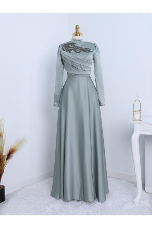 Yakası Taşlı Önü Drapeli  Abiye -Su Yeşili