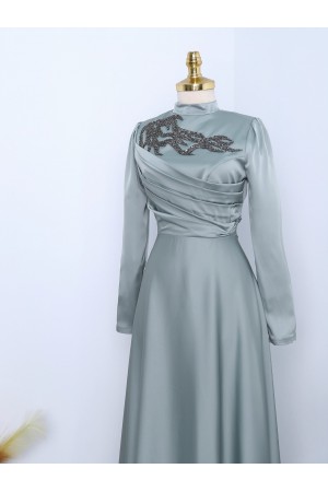 Stone Collar Draped Evening Dress -Sea green