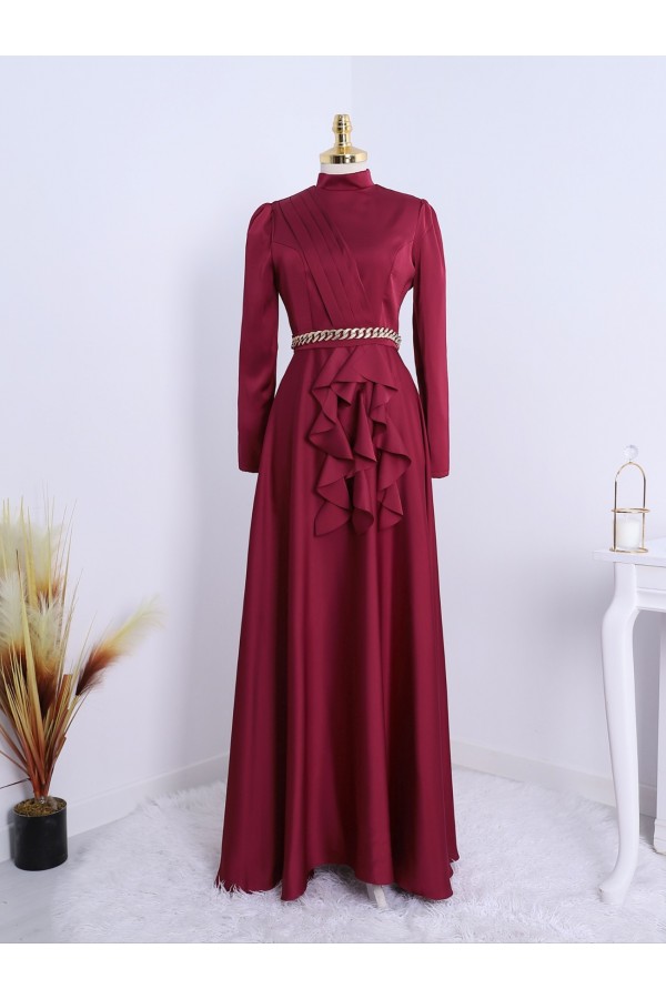 Waist Chain Detailed Front Frilly Satin Evening Dress -Maroon