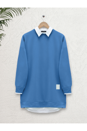 Bisiklet Yaka Yırtmaçlı Penye Tunik   -Koyu Mavi